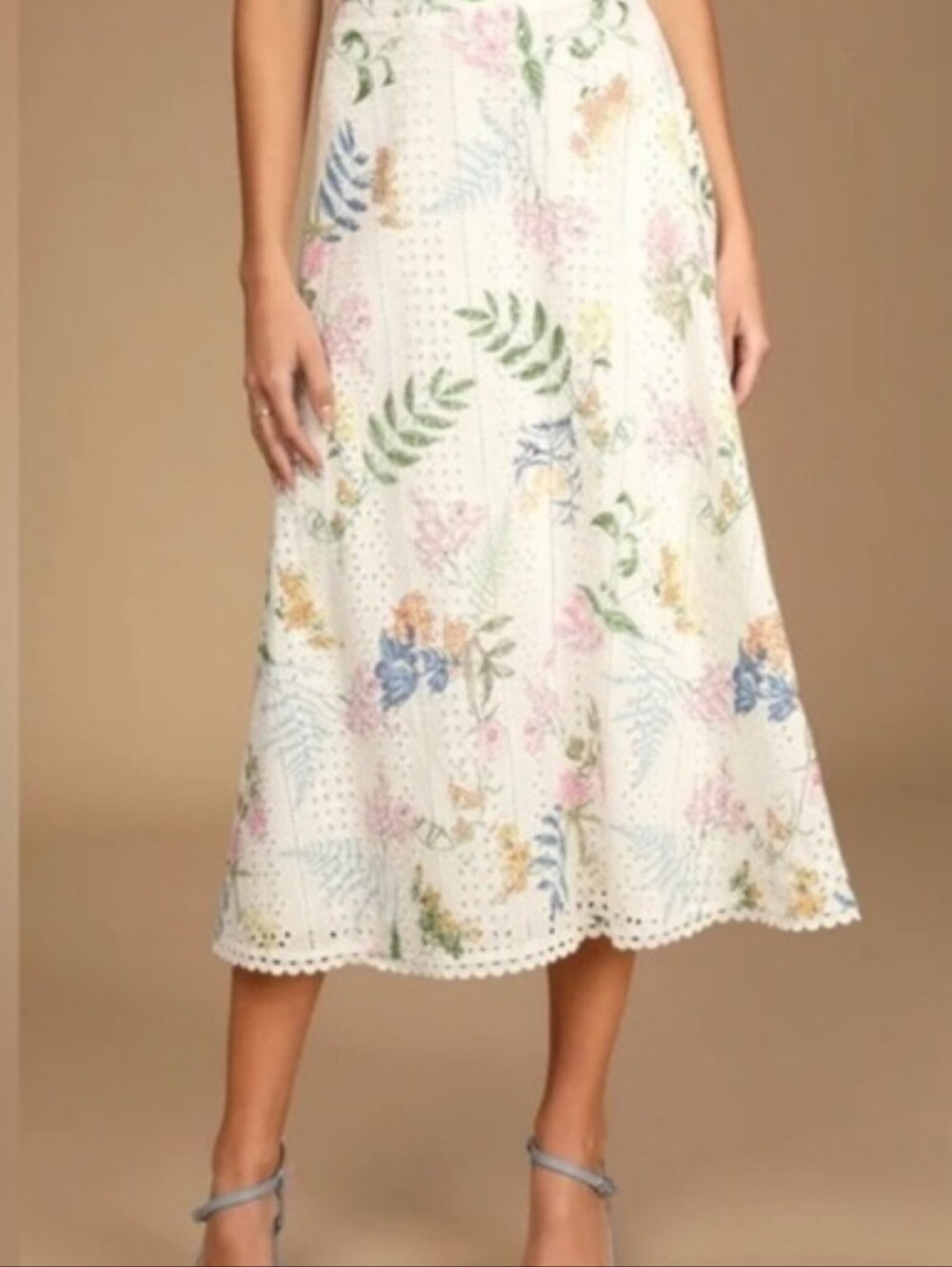 Lulu's Sweet at Heart Cream Floral Eyelet Midi Skirt ■ Size S